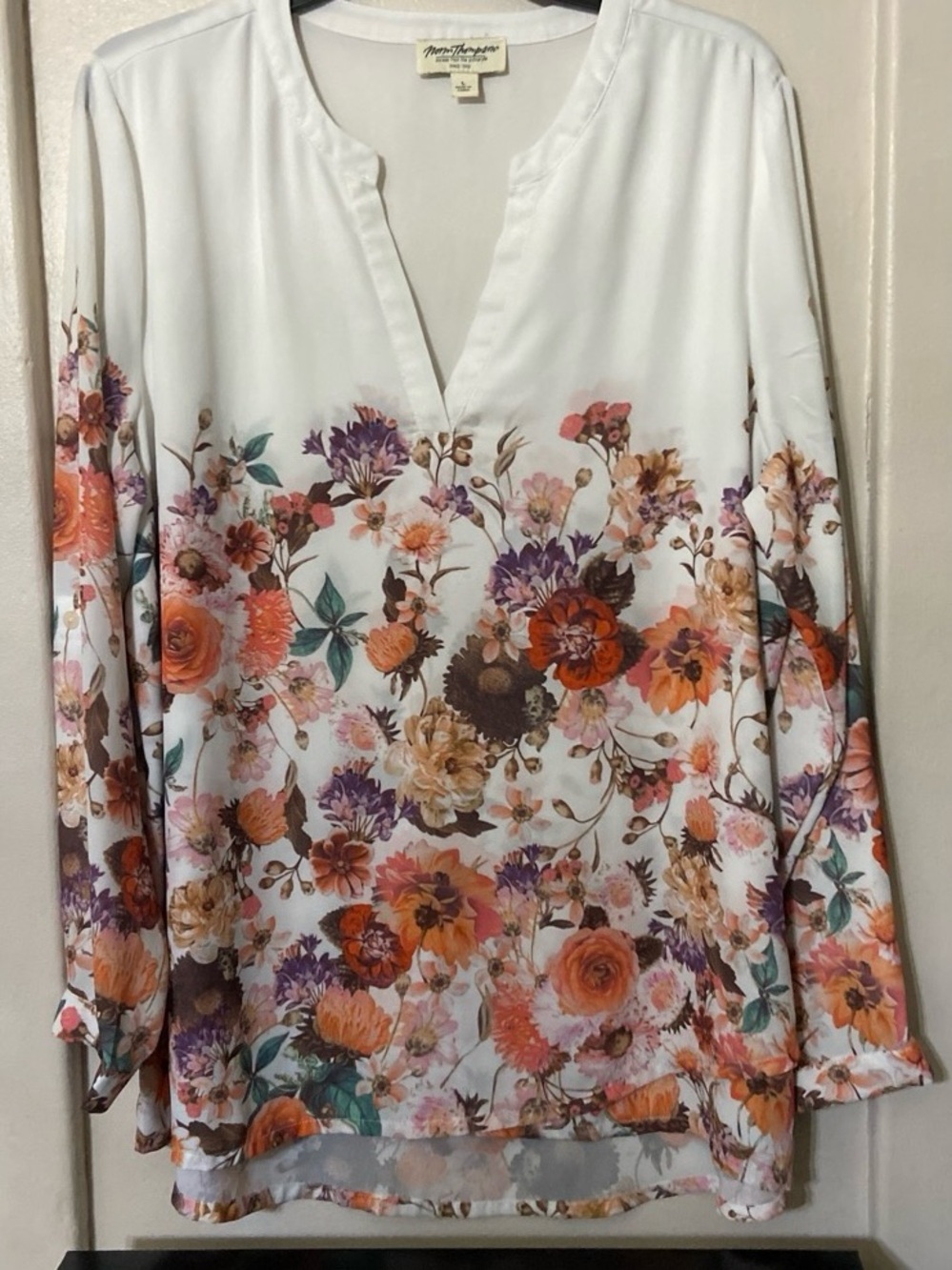 Norm Thompson White Tunic with Orange, Purple & Brown Floral Print
